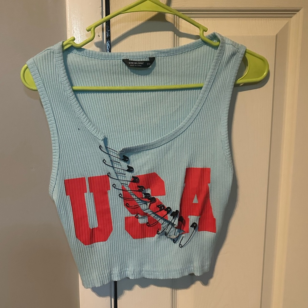Light Blue USA Crop Top with Red Letters
